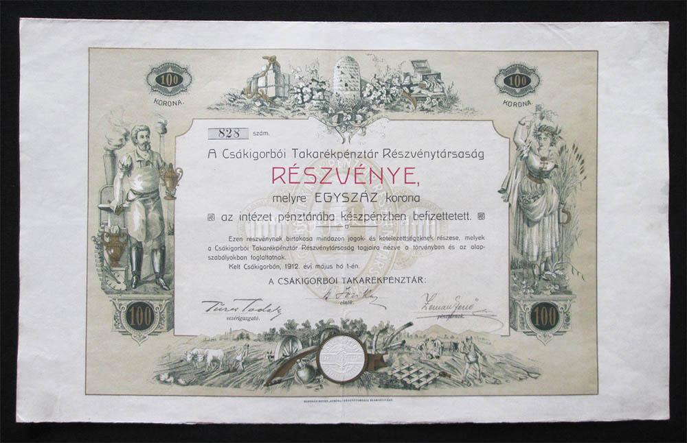 Csákigorbói Takarékpénztár részvény 100 korona 1912 (ROU)